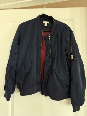 H&M Navy Bomber Jacket with Burgundy Lining